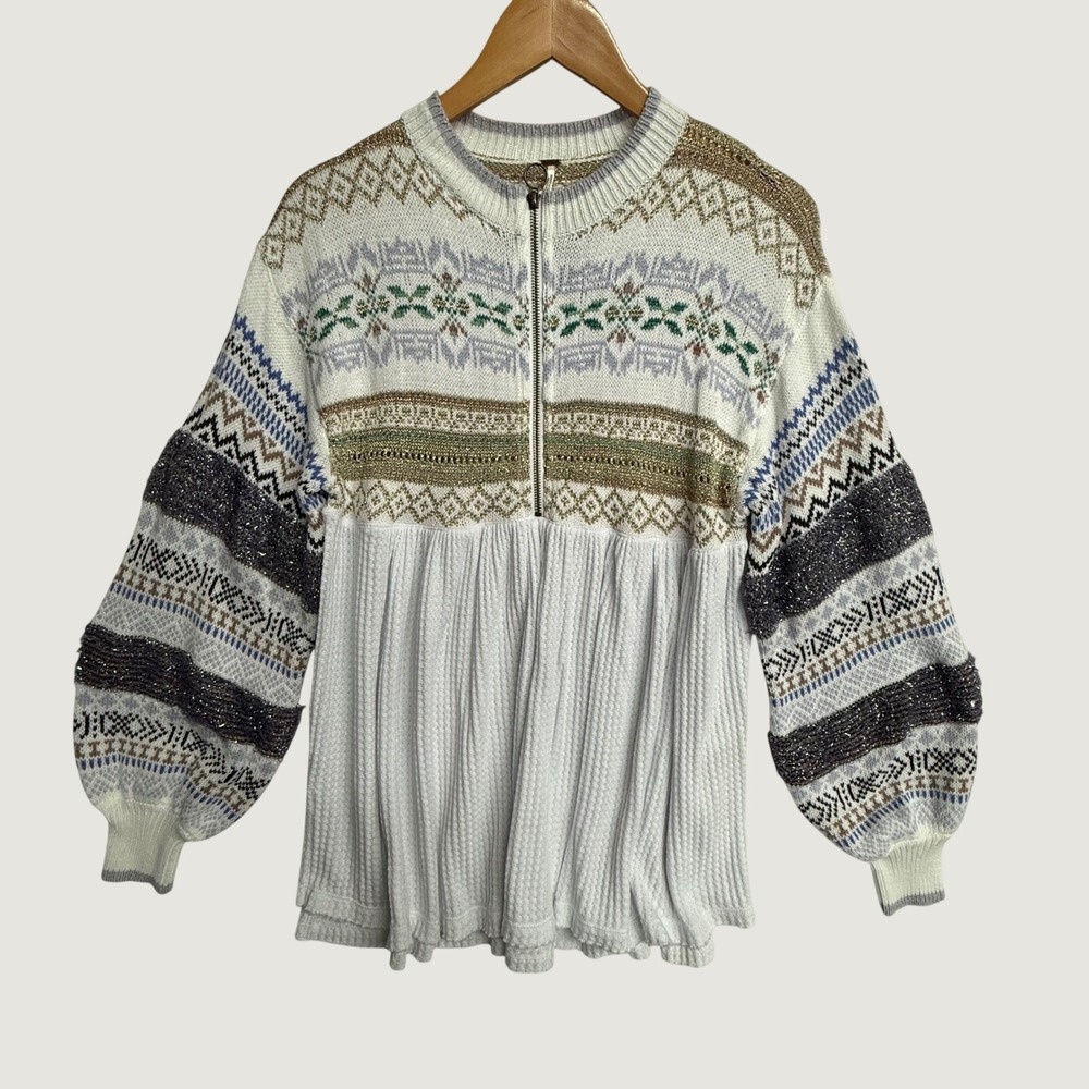 Free People Cozy Cottage Sweater XS Fair Isle Metallic Half Zip Cotton Peplum